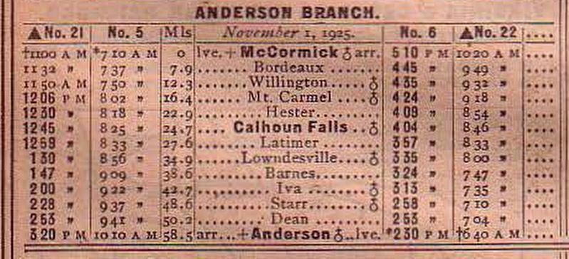 December 1925 Timetable for the Anderson Branch of the Charleston & Western Carolina Railway. Click for full size. December 1925 Timetable for the Anderson Branch of the Charleston & Western Carolina Railway image. Click for full size.