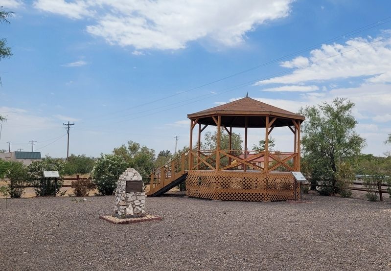 The view of the Pershing's Review Stand and Marker from the backyard of the Columbus Train Depot. image. Click for full size.