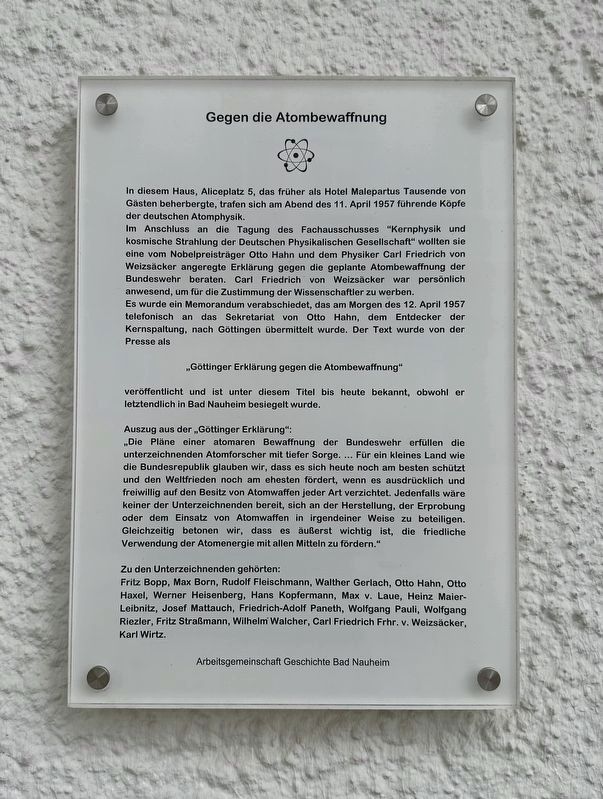 Gegen die Atombewaffnung / Against Nuclear Armament Marker image. Click for full size.
