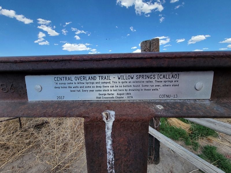 Central Overland Trail - Willow Springs (Callao) Marker. Click for full size. Central Overland Trail - Willow Springs (Callao) Marker image. Click for full size.