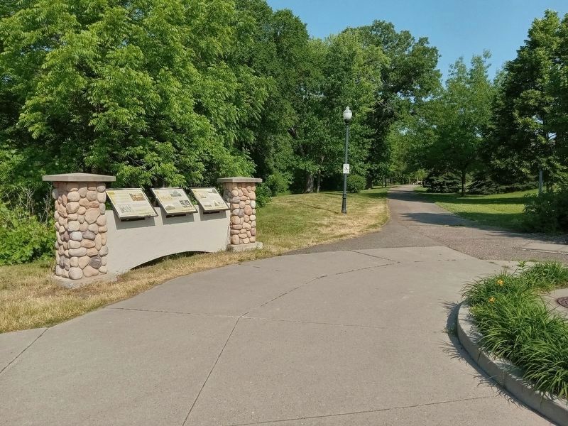 Marker (left) at the south end of the Akin Riverside Historic Promenade. Click for full size. Marker (left) at the south end of the Akin Riverside Historic Promenade image. Click for full size.