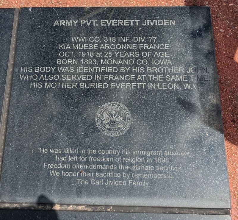 Army Pvt. Everett Jividen Marker. Click for full size. Army Pvt. Everett Jividen Marker image. Click for full size.