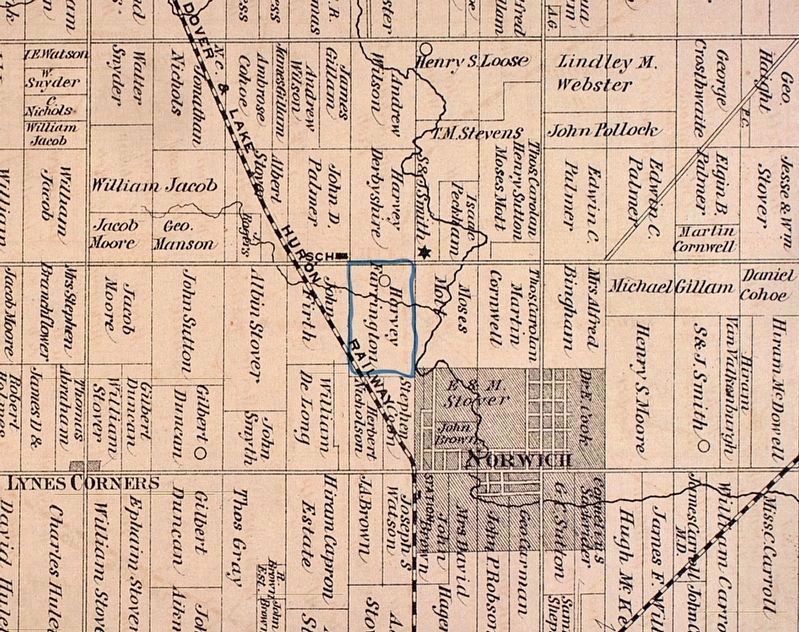 Map of Norwich Township from 1876 with Harvey Farrington�s cheese factory highlighted image. Click for full size.