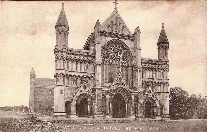 St. Albans Cathedral, the West Front (or, West End, per the marker) image. Click for full size.