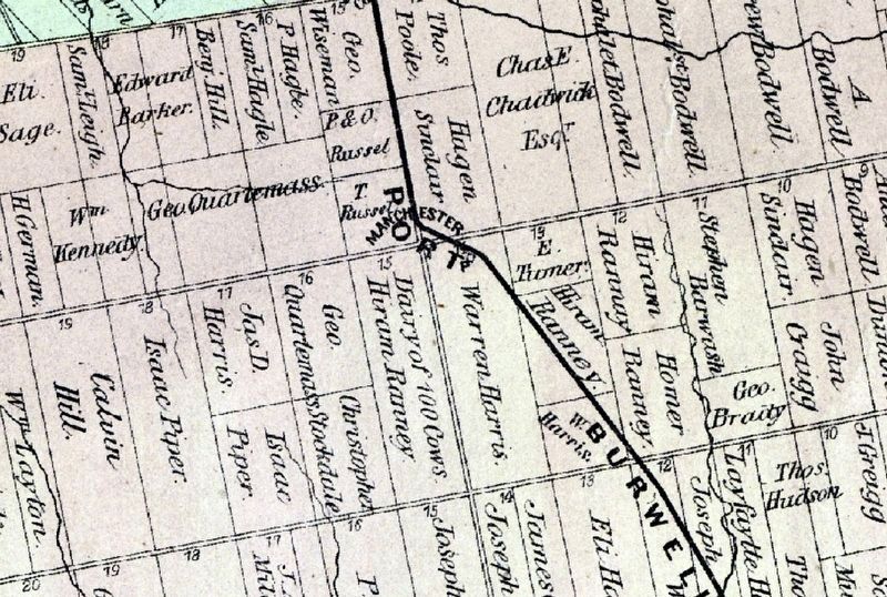 1857 map of Dereham Township, showing �Dairy of 100 cows� on Ranney�s property image. Click for full size.