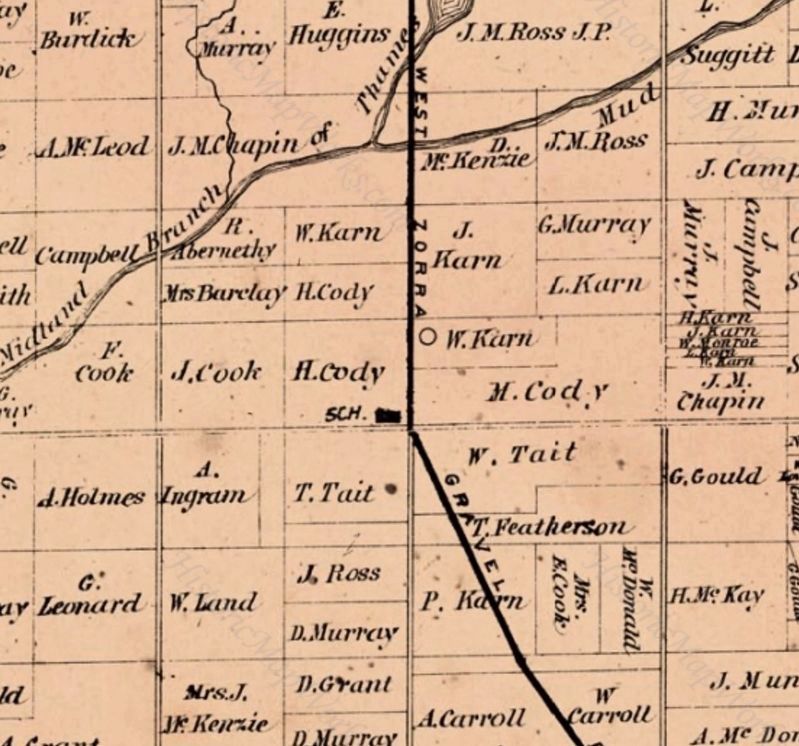 Cody�s Corners and school, 1876 image. Click for full size.