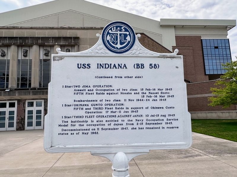 U.S.S. Indiana (BB 58) Marker. Click for full size. U.S.S. Indiana (BB 58) Marker image. Click for full size.