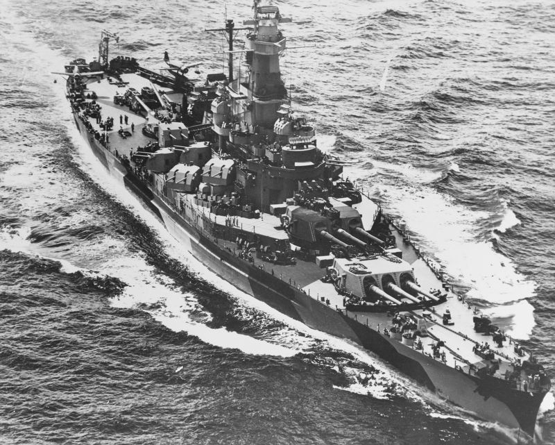 Indiana at sea in the Pacific Ocean during World War II.. Click for more information. Indiana at sea in the Pacific Ocean during World War II. image. Click for more information.