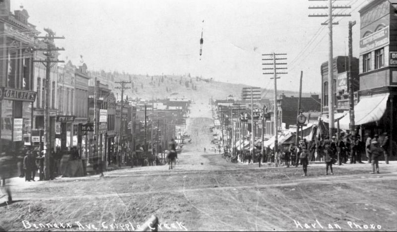 Bennett Ave., Cripple Creek (looking west from 3rd Street). Click for full size. Bennett Ave., Cripple Creek (looking west from 3rd Street) image. Click for full size.