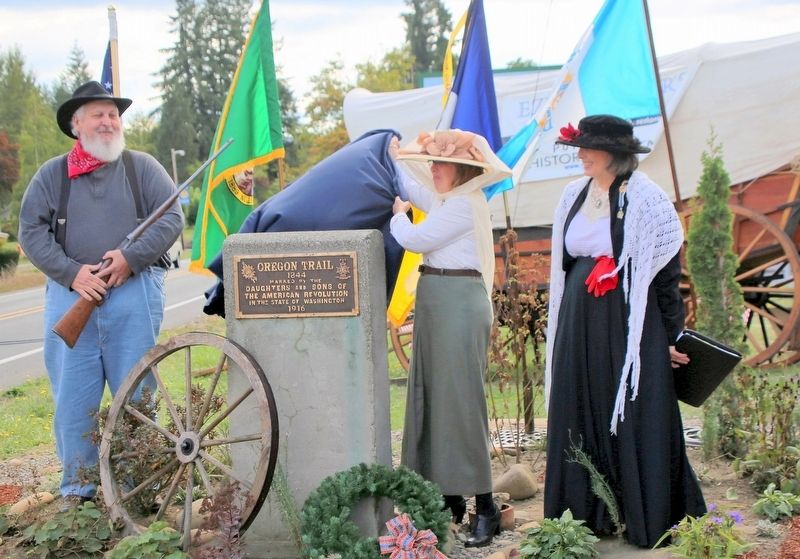Oregon Trail 1844 Marker rededication unveiling with Mayor Steve Dobosh, Joh Jones, Shirley Stirling. Click for full size. Oregon Trail 1844 Marker rededication unveiling with Mayor Steve Dobosh, Joh Jones, Shirley Stirling image. Click for full size.