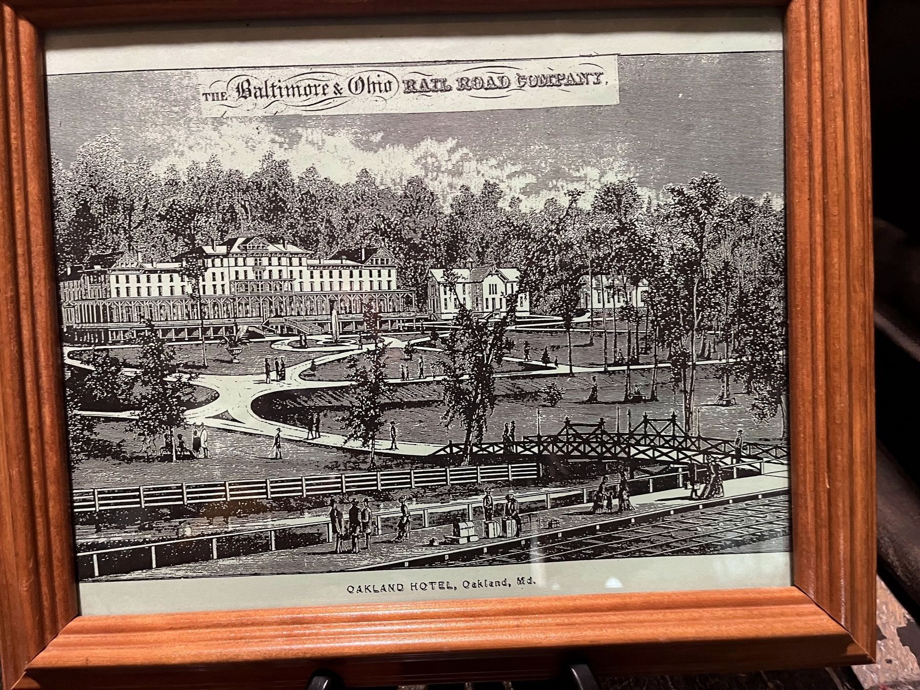 Oakland Hotel print w Baltimore & Ohio Railroad banner at top image. Click for full size.