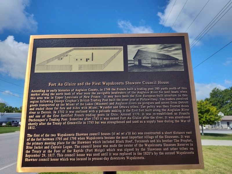 Fort Au Glaize and the First Wapakoneta Shawnee Council House Marker. Click for full size. Fort Au Glaize and the First Wapakoneta Shawnee Council House Marker image. Click for full size.