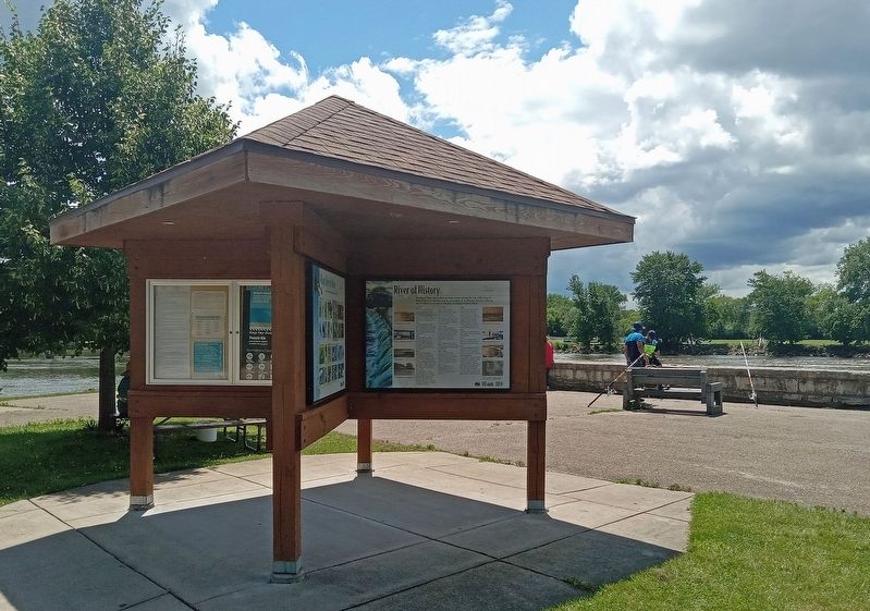 River of History Marker on a kiosk next to the dam. Click for full size. River of History Marker on a kiosk next to the dam image. Click for full size.