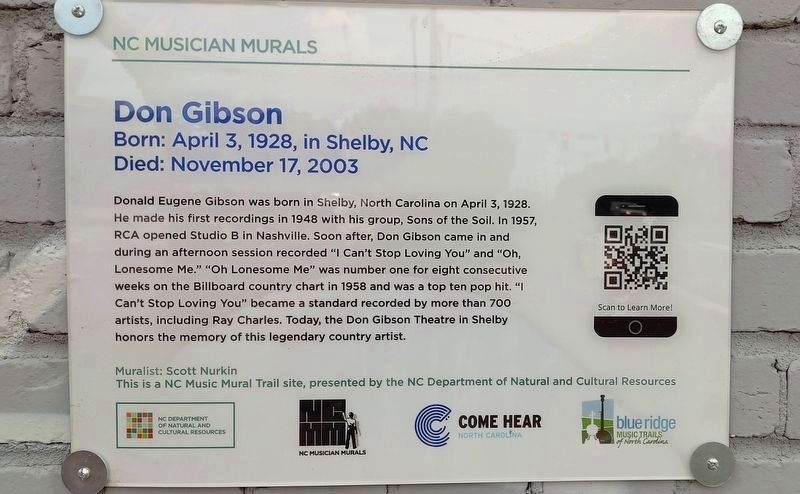 Don Gibson Marker on the NC Musicians Mural Trail. Click for full size. Don Gibson Marker on the NC Musicians Mural Trail image. Click for full size.