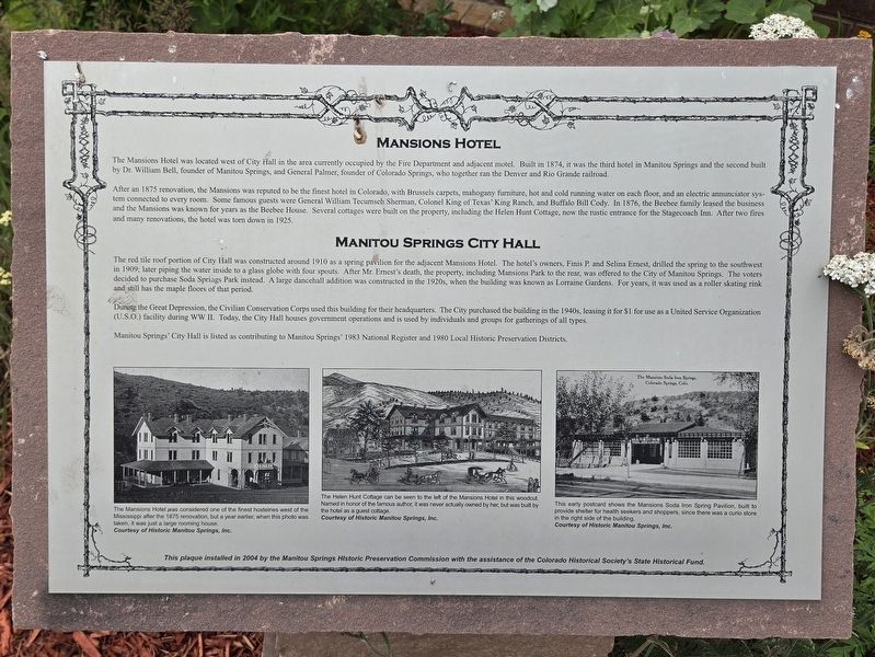 Mansions Hotel/ Manitou Springs City Hall Marker. Click for full size. Mansions Hotel/ Manitou Springs City Hall Marker image. Click for full size.