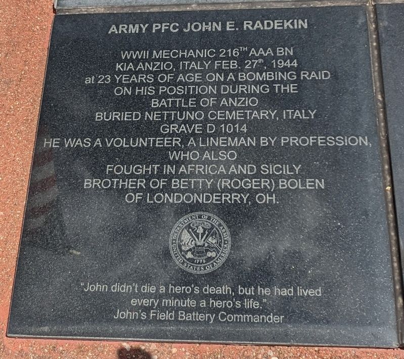Army PFC John E. Radekin Marker. Click for full size. Army PFC John E. Radekin Marker image. Click for full size.