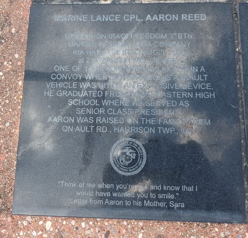 Marine Lance Cpl. Aaron Reed Marker. Click for full size. Marine Lance Cpl. Aaron Reed Marker image. Click for full size.