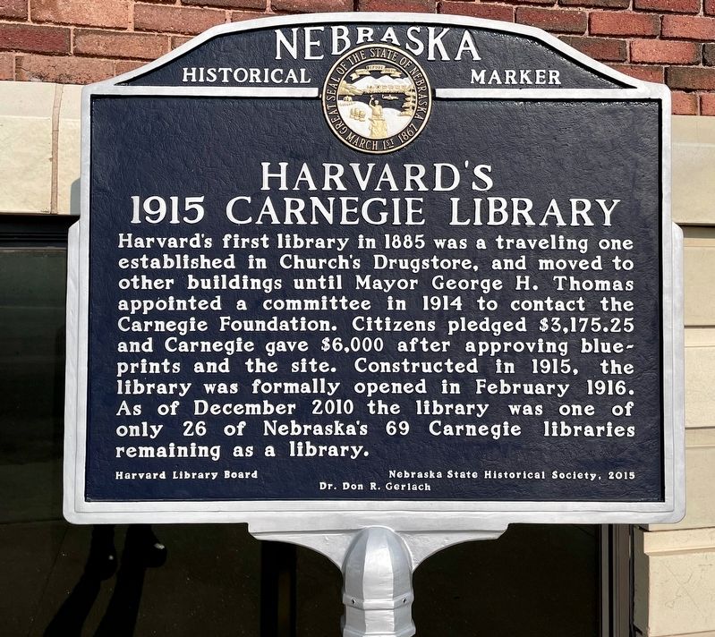 Harvard's 1915 Carnegie Library Marker. Click for full size. Harvard's 1915 Carnegie Library Marker image. Click for full size.
