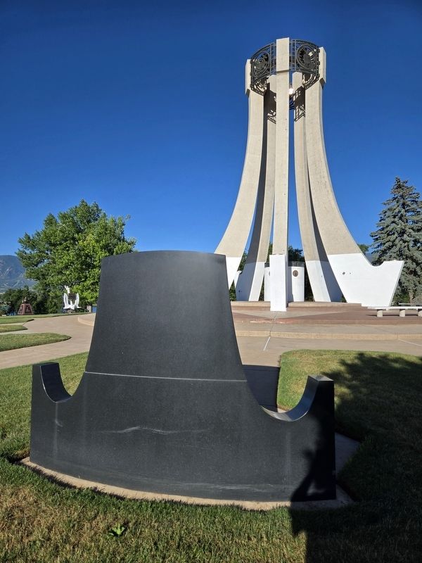 Rear view of Cadet Wing Memorial looking towards center Veterans Memorial. Click for full size. Rear view of Cadet Wing Memorial looking towards center Veterans Memorial image. Click for full size.