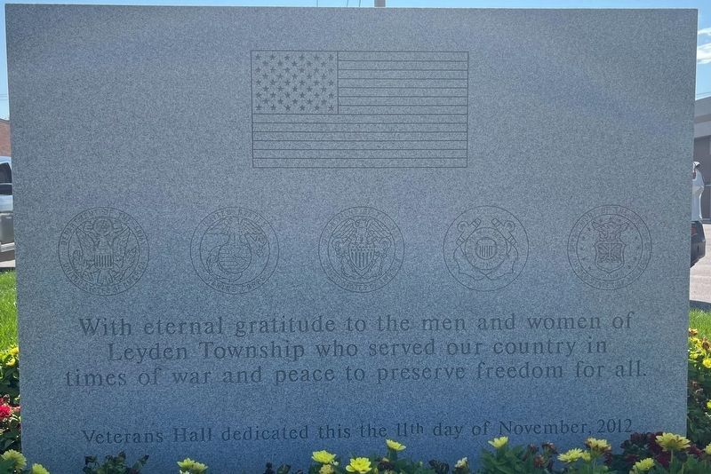 Leyden Township Veterans Memorial Marker, front (west-facing) side. Click for full size. Leyden Township Veterans Memorial Marker, front (west-facing) side image. Click for full size.