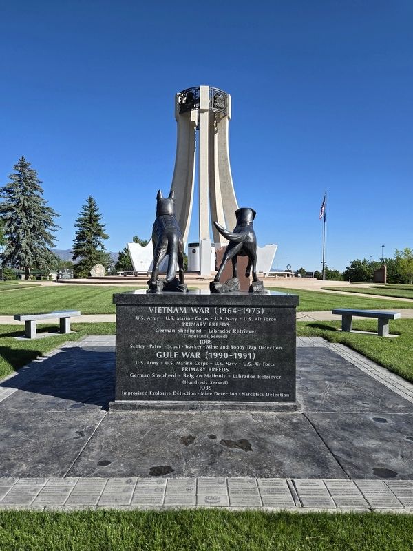 Wide view War Dog Memorial southeast of the center Veterans Memorial. Click for full size. Wide view War Dog Memorial southeast of the center Veterans Memorial image. Click for full size.