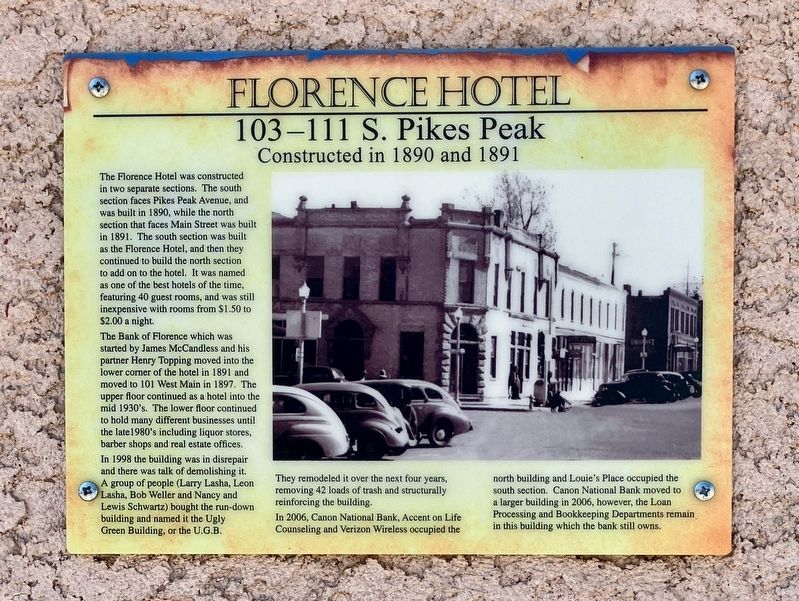 Florence Hotel Marker. Click for full size. Florence Hotel Marker image. Click for full size.