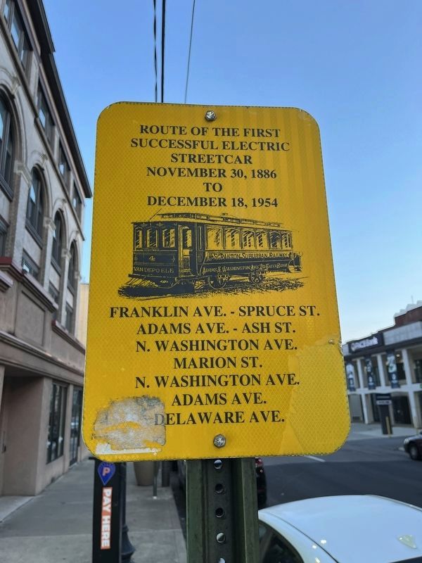 Route of the First Successful Electric Streetcar Marker. Click for full size. Route of the First Successful Electric Streetcar Marker image. Click for full size.