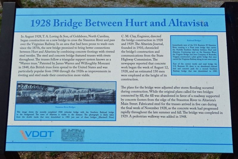 1928 Bridge Between Hurt and Altavista Marker image. Click for full size.