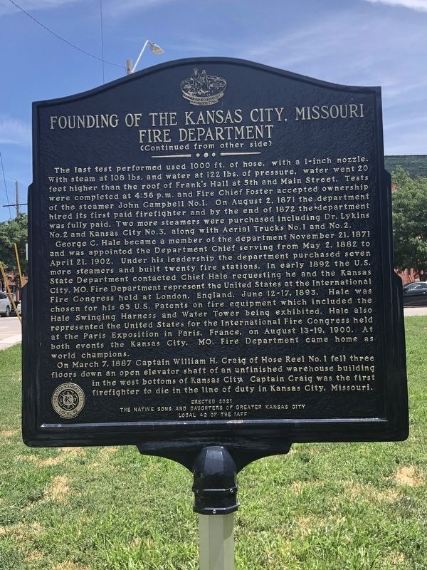 Founding of the Kansas City, Missouri Fire Department Marker, Side Two image. Click for full size.