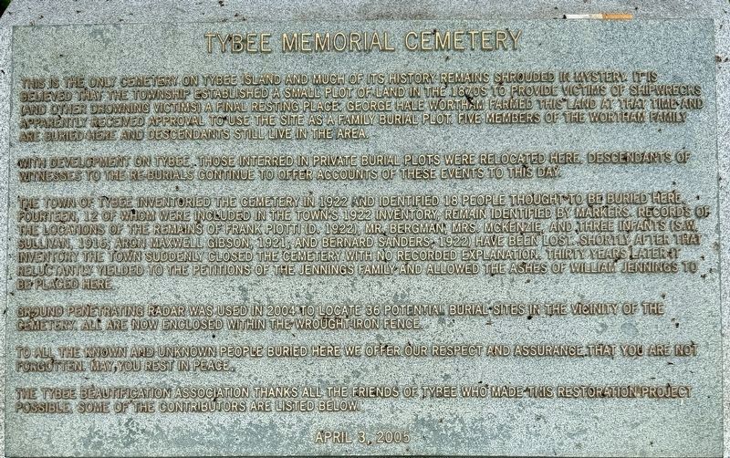 Tybee Memorial Cemetery Marker (top) image. Click for full size.