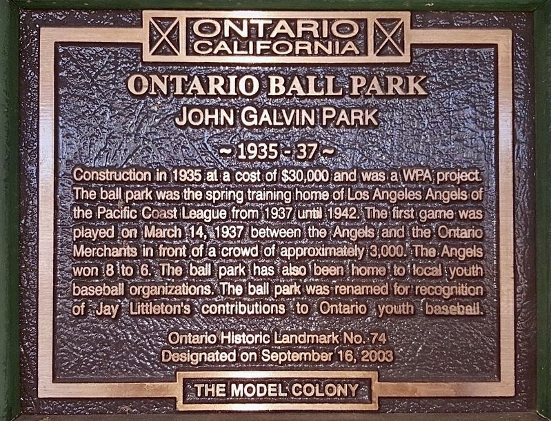 Ontario Ball Park Marker image. Click for full size.
