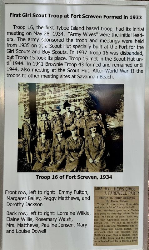 First Girl Scout Troop at Fort Screven Formed in 1933 Marker image. Click for full size.