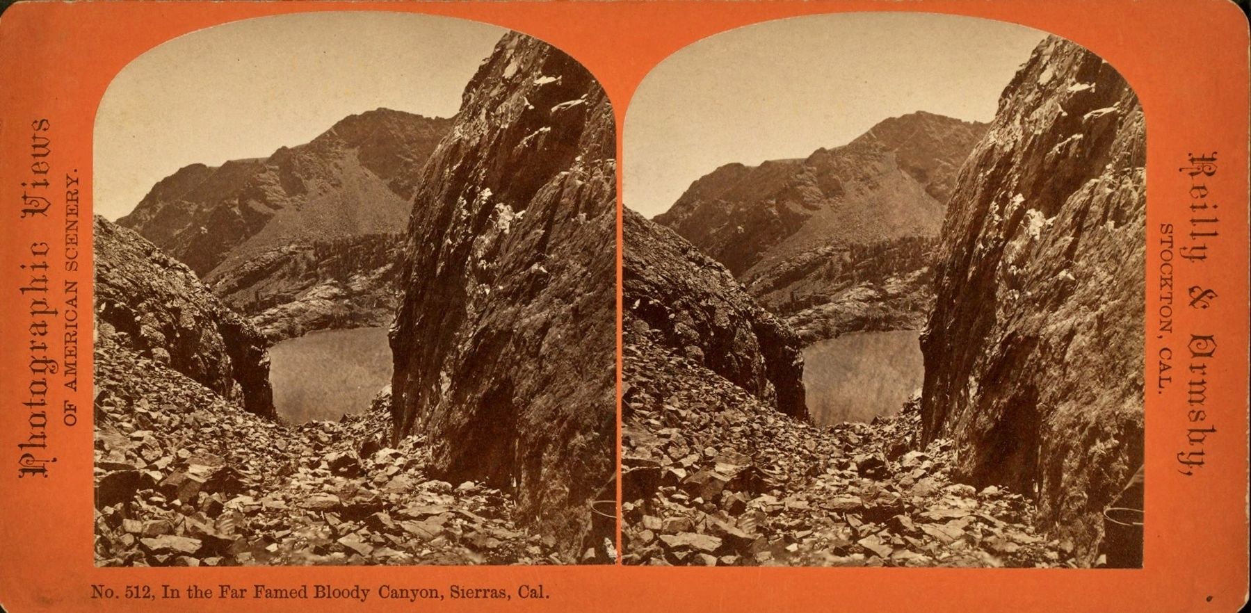 <i>In the Far Famed Bloody Canyon, Sierras, Cal.</i> (stereoscopic view). Click for full size. <i>In the Far Famed Bloody Canyon, Sierras, Cal.</i> (stereoscopic view) image. Click for full size.