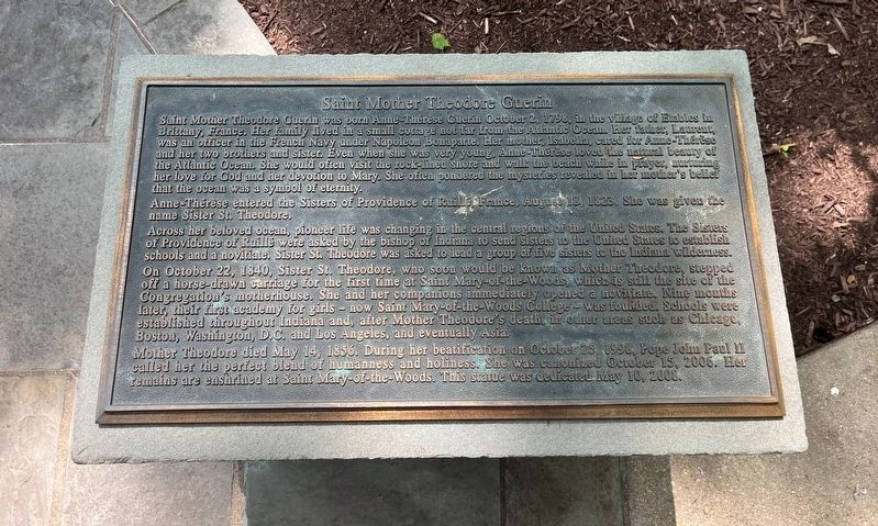 Saint Mother Theodore Guerin Marker [Right plaque] image. Click for full size.