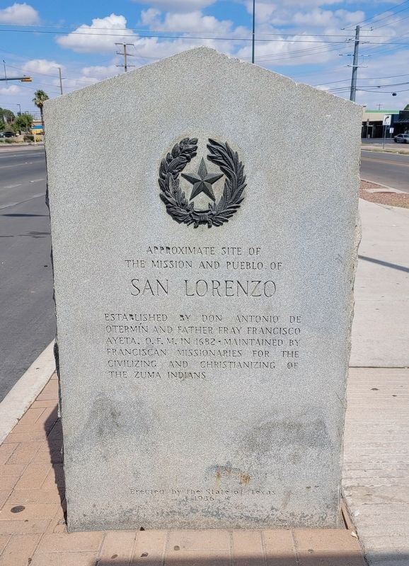 Approximate Site of the Mission and Pueblo of San Lorenzo Marker. Click for full size. Approximate Site of the Mission and Pueblo of San Lorenzo Marker image. Click for full size.