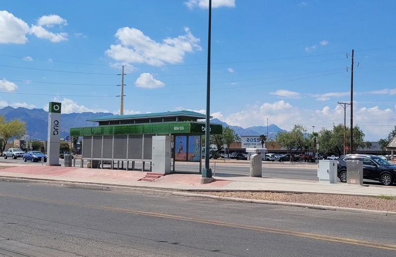 The view of the marker next to a bus stop. Click for full size. The view of the marker next to a bus stop image. Click for full size.