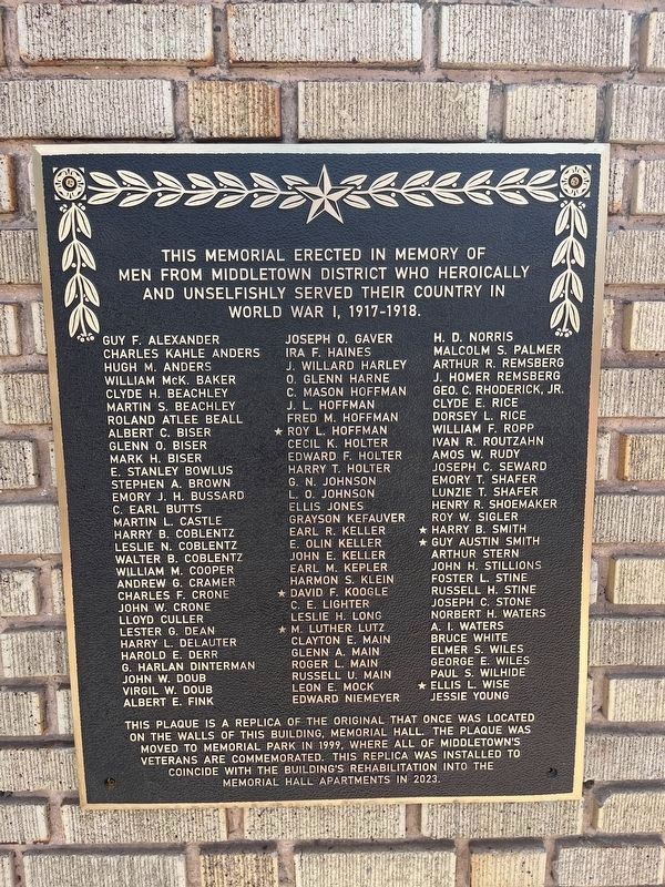 World War I Memorial Marker. Click for full size. World War I Memorial Marker image. Click for full size.