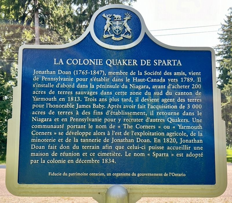 The Quaker Settlement at Sparta / La Colonie Quaker de Sparta Marker image. Click for full size.