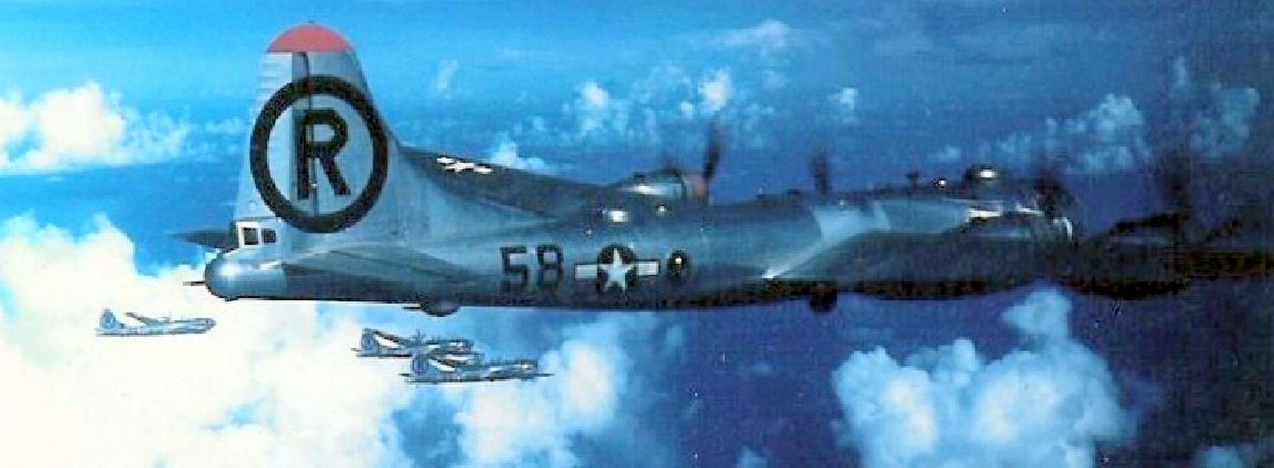B29s with the "Circle R" of the 6th Bomb Group approaching bad weather on the way to Japan. Click for full size. B29s with the "Circle R" of the 6th Bomb Group approaching bad weather on the way to Japan image. Click for full size.