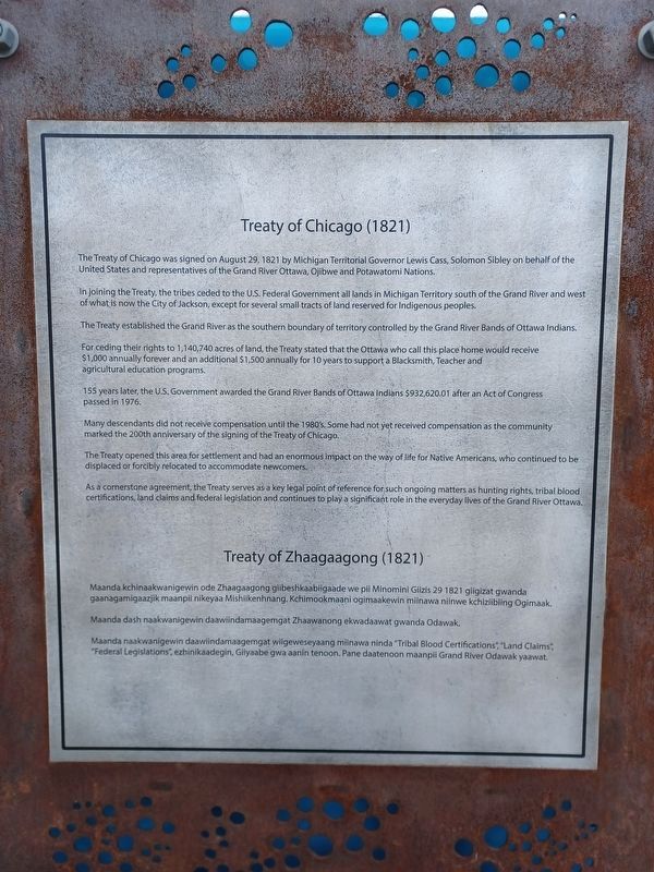 Treaty of Chicago (1821) / Treaty of Zhaagaagong (1821) Marker — front side. Click for full size. Treaty of Chicago (1821) / Treaty of Zhaagaagong (1821) Marker — front side image. Click for full size.