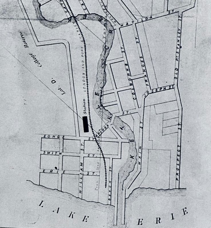 Port Stanley, 1864, showing the first bridge over Kettle Creek image. Click for full size.