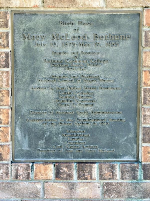 Birthplace of Mary McLeod Bethune Marker. Click for full size. Birthplace of Mary McLeod Bethune Marker image. Click for full size.