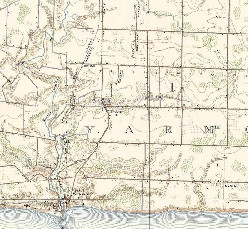 Topographic map of Port Stanely, 1910, showing the South Western Traction Co. Electric Railway. Click for full size. Topographic map of Port Stanely, 1910, showing the South Western Traction Co. Electric Railway image. Click for full size.