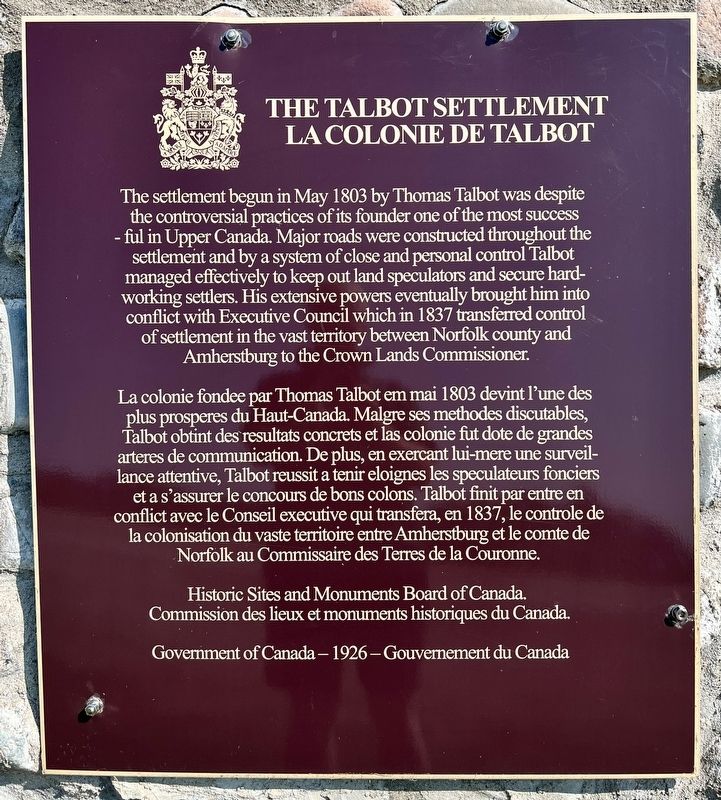 The Talbot Settlement/ La Colonie de Talbot Marker. Click for full size. The Talbot Settlement/ La Colonie de Talbot Marker image. Click for full size.