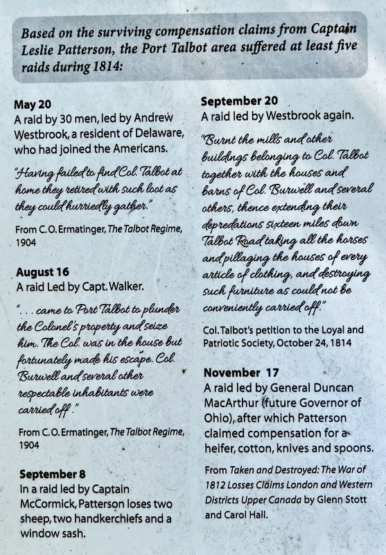 Raids on the Talbot Settlement, 1814 marker detail (click on picture to enlarge). Click for full size. Raids on the Talbot Settlement, 1814 marker detail (click on picture to enlarge) image. Click for full size.