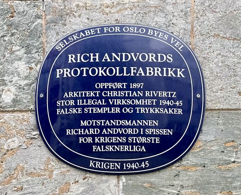 Rich Andvords Protokollfabrikk / Rich Andvords Document Printing Facility Marker. Click for full size. Rich Andvords Protokollfabrikk / Rich Andvords Document Printing Facility Marker image. Click for full size.