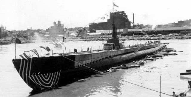 U.S.S. Lizardfish (SS-373), following her launching at Manitowoc Shipbuilding Co., 16 July 1944 image. Click for full size.