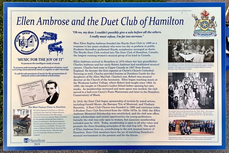 Ellen Ambrose and the Duet Club of Hamilton Marker. Click for full size. Ellen Ambrose and the Duet Club of Hamilton Marker image. Click for full size.