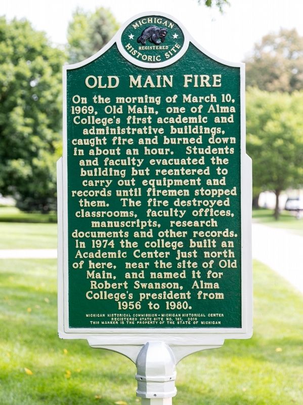 Old Main Fire side of marker. Click for full size. Old Main Fire side of marker image. Click for full size.