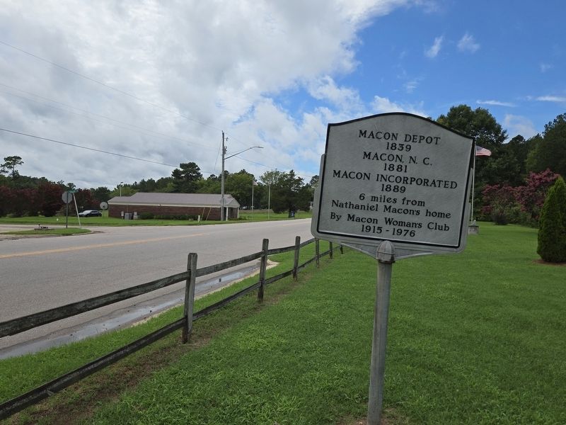 Wide view of Macon Depot 1839 Marker looking west on US Hwy 158. Click for full size. Wide view of Macon Depot 1839 Marker looking west on US Hwy 158 image. Click for full size.